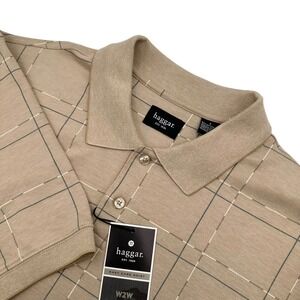 Haggar Mens Size L Tan Plaid Easy Care Short Sleeve Polo Shirt NWT